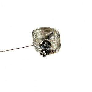 NEW BOHO SOL women's stacked band ring with flower details in silver
